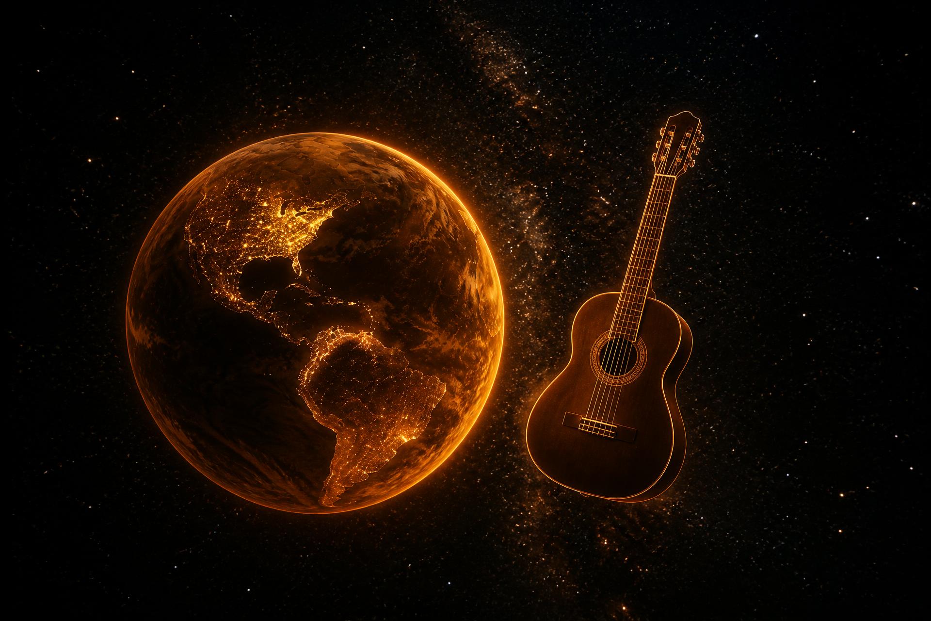 Globo terrestre iluminado entre estrelas com uma viola caipira, simbolizando a viola alcançando o mundo todo